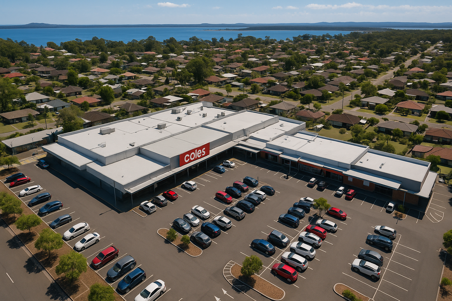 Aerial view of Tanilba Bay Shopping Centre showing car park and surrounding area