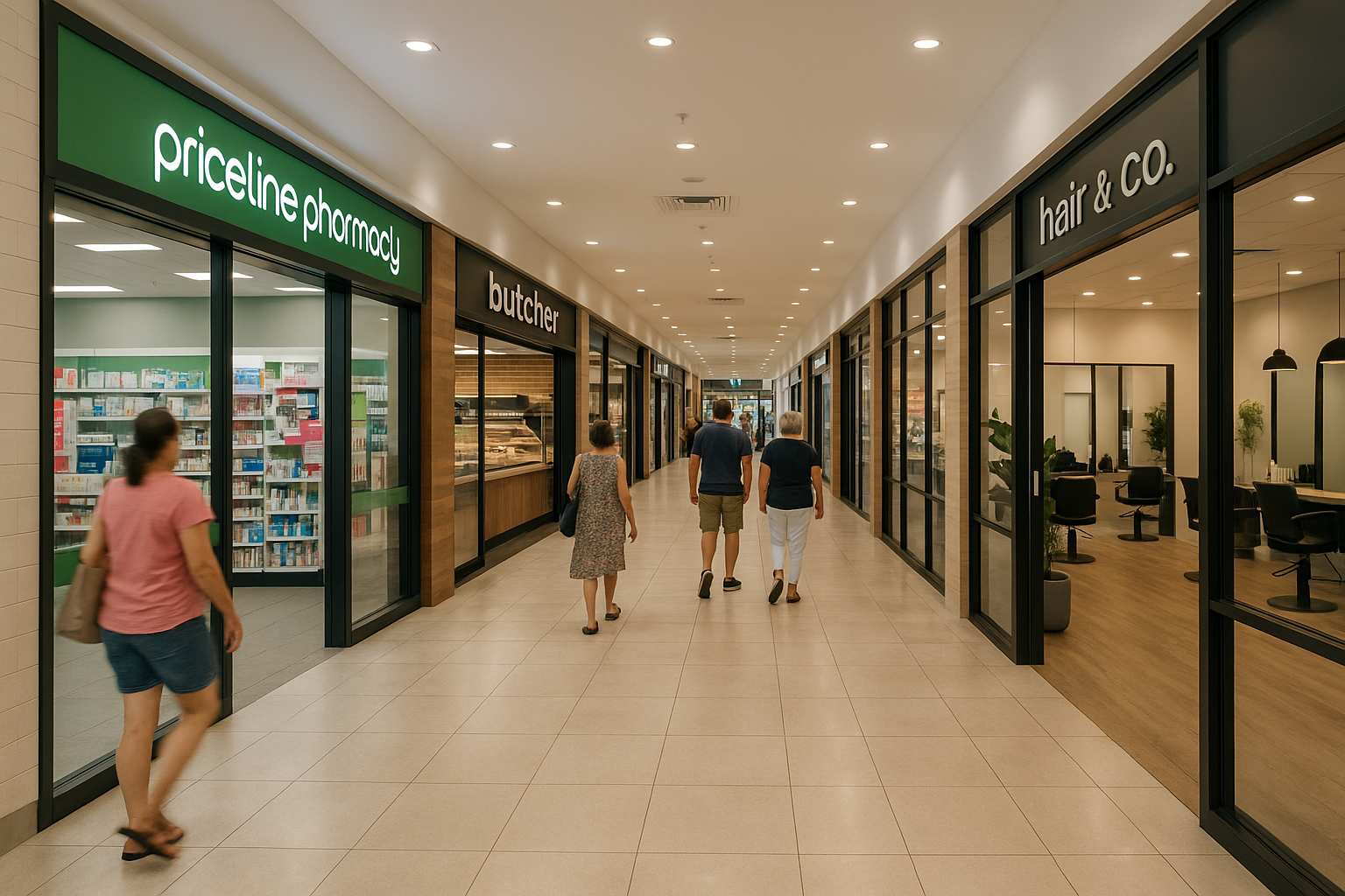 Interior corridor of Tanilba Bay Shopping Centre with shops
